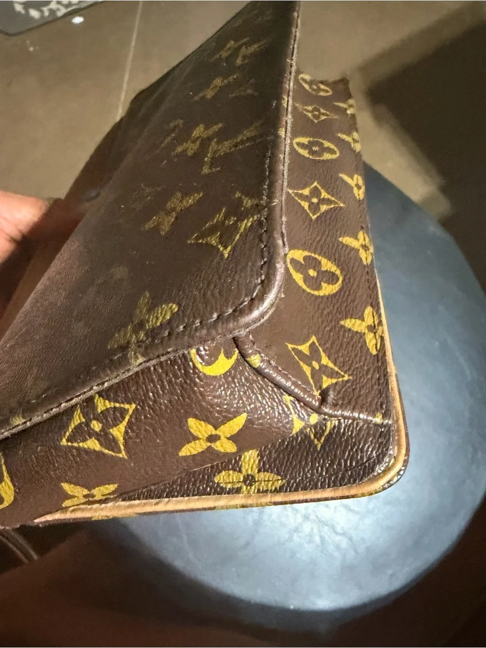 Louis Vuitton Monogram Canvas Shoulder Bag in Brown with Tan Strap. Used.